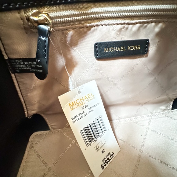 Michael Kors Reed Small Belted Satchel Shoulder Crossbody Bag MK Brown/Black - Picture 9 of 12